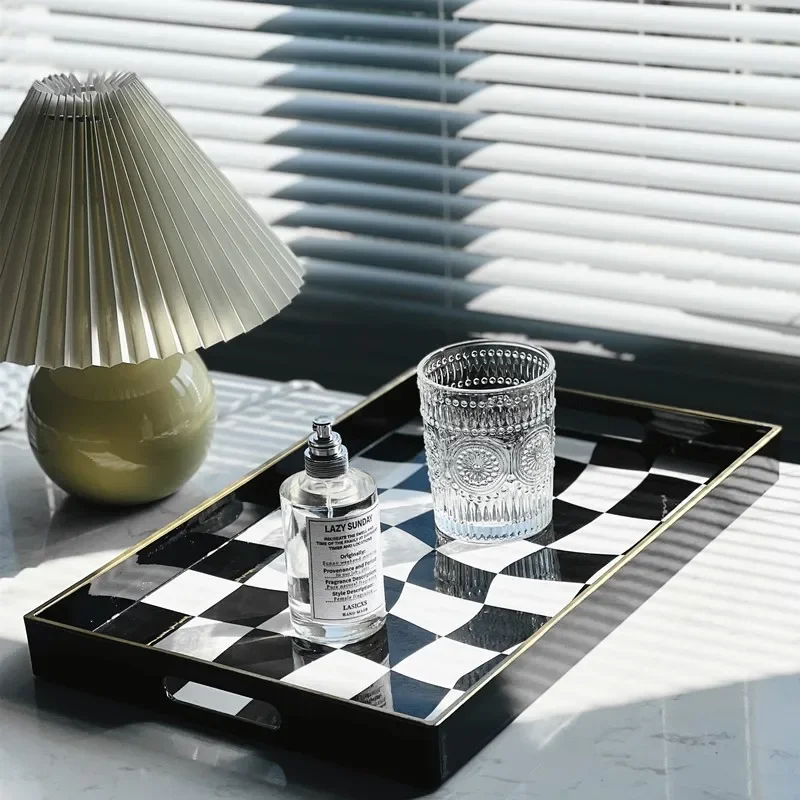 PE Plastic Black and White Checkered Storage Tray, Living Room Coffee Table Decorated Tea Tray, Family Party Rectangular Tray