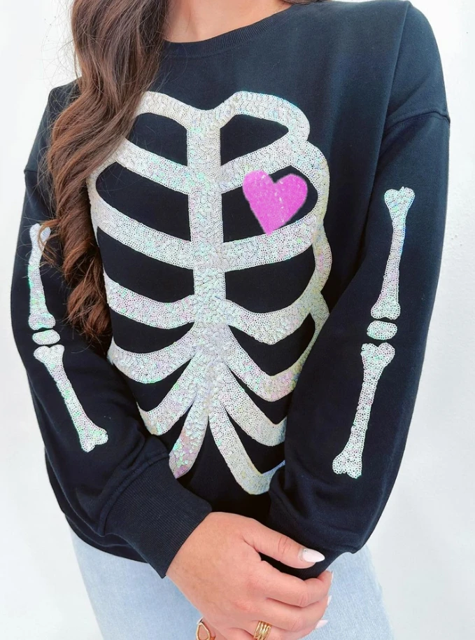 Fashion Autumn Hoodie Street Hip-Hop Style Halloween Skeleton Sequin Top Long Sleeved Pullover Hoodie for Women