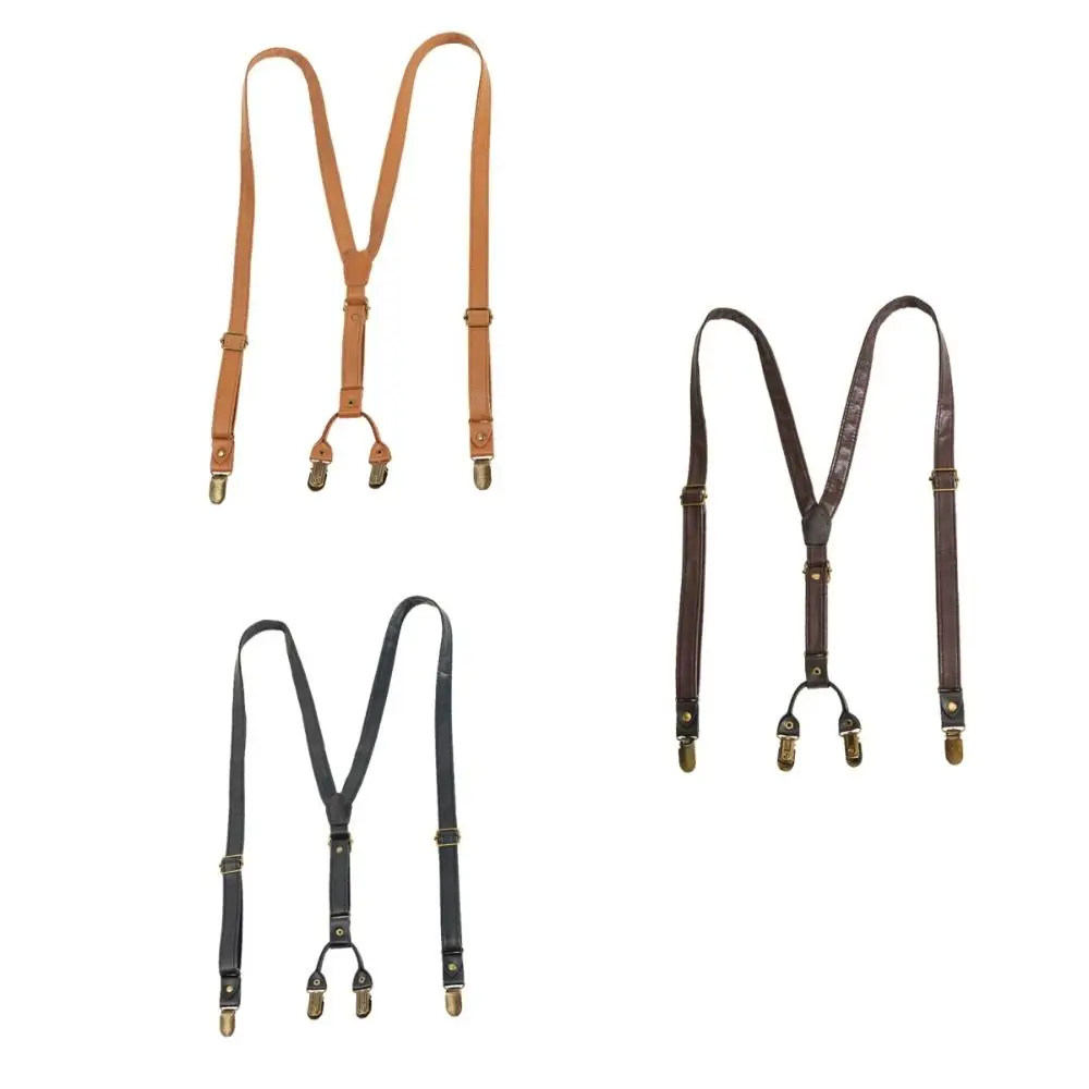 Simple Black Suspenders for Men Retro Brown Leather Suspenders Metal Clip British Style Suspender Clip Business