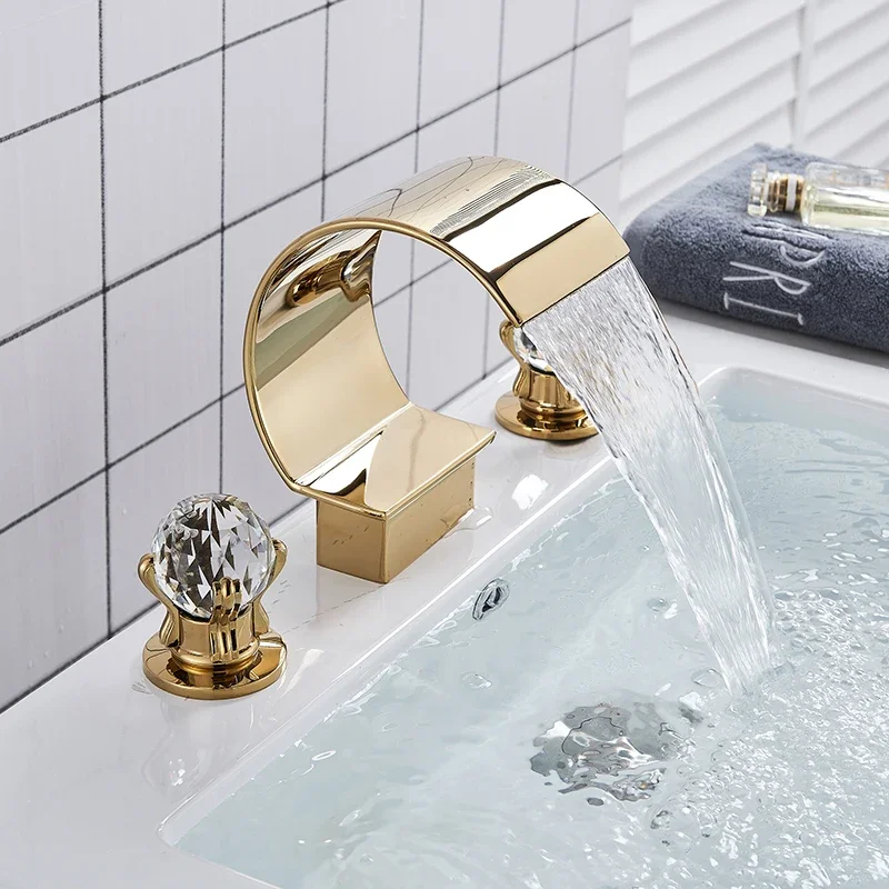 

Vidric Luxurious Gold Bathroom Basin Faucet Brass Deck Mounted Double Handle Cold And Hot Waterfall Basin Faucet