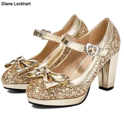 Luksusowe cekiny Lolita Bow Shoes Women Gold Silver Bride Wedding Platform Mary Janes Pumps Princess Dress Evening Party Heels