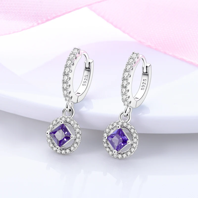 

925 Sterling Silver Hoop Earrings Purple Princess Square Earrings For Women Exquisite Birthday Anniversary Jewelry Gifts