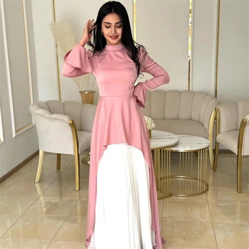 Half High Collar Pagoda Sleeve Women's Prom Dress Sheath Slim A-Line Skirt Elegant Pink White Pleated Party Gown Newest In Stock