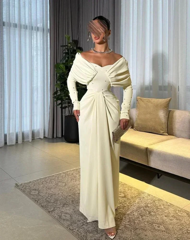 

Элегантное платье для выпускного вечера с открытыми плечами по индивидуальному заказу, плиссированные вечерние платья длиной до пола с бисером, вечерние платья для женщин