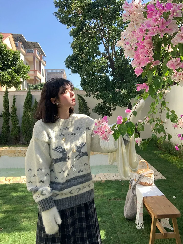 여성용 모리 케이 소녀 사슴 니트 풀오버 스웨터, 가을 용수철
