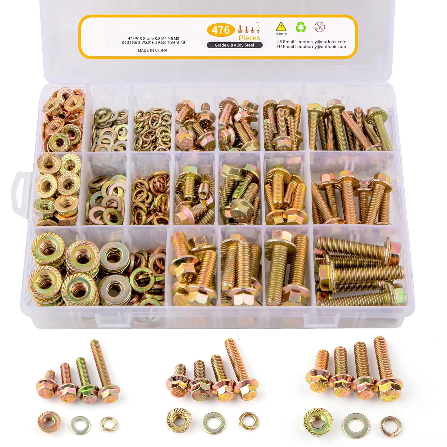 

476-piece Grade 8.8 Flange Bolt Assortment Kit, M5M6M8 Metric Bolt and Nut Assortment, Yellow Zinc Plated