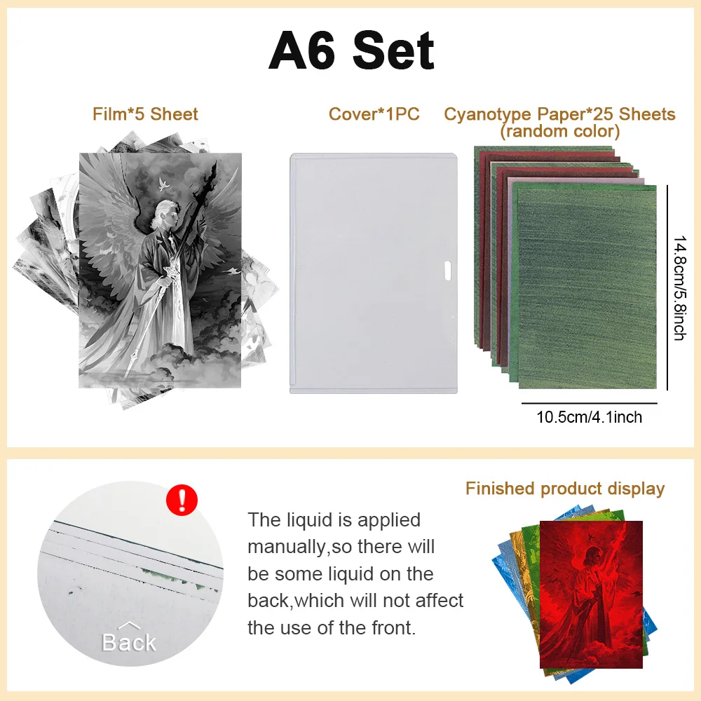 A6 Colour Sun Printing Cyanotype Paper Film Kit With 1-5pcs Film 5/15/25 Sheets Solar Print Paper & Tutorial For Beginner DIY Ar