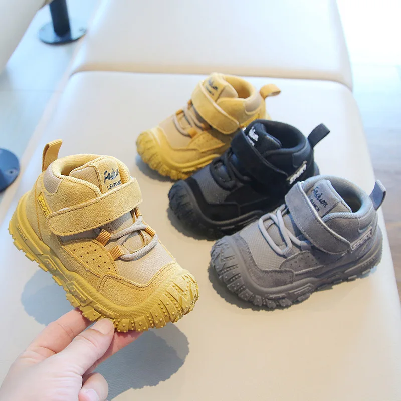 

Spring Autumn Children Fashion High Top Sneakers Girls Mesh Upper Breathable Hiking Boots Boys Running Velcro Soft Soled Shoes