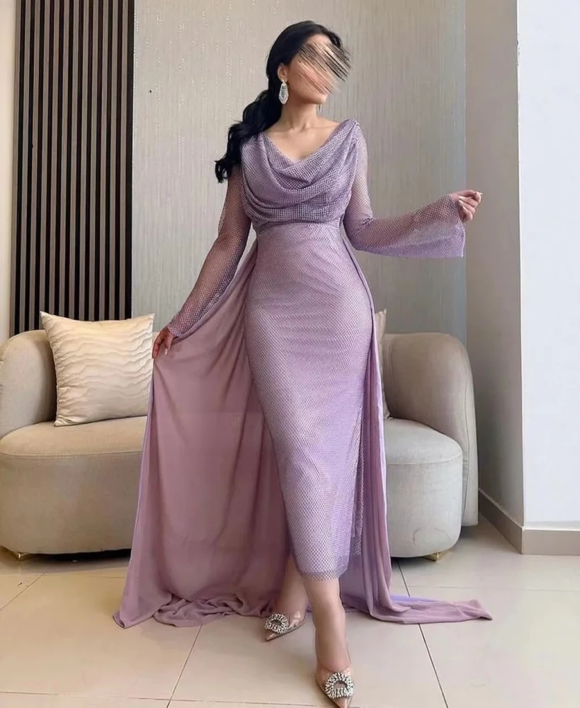 Aenyrst V Neck Saudi Arabia Women Wear Prom Dresses Chiffon Mermaid Party Evening Gown with Overskirts Long Sleeves Formal Dress