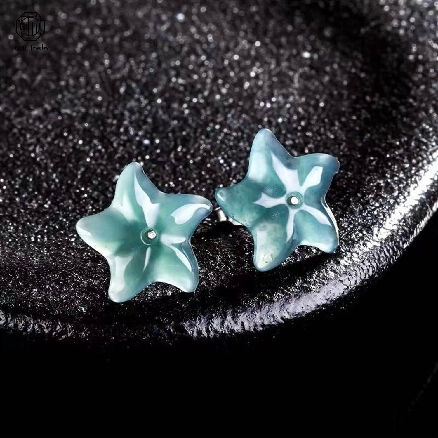 Natural Grade A Jadeite Blue Water Starfish Stud Earrings Ice Translucent Vintage Women Gemstone Exquisite Ethnic Jewelry Gift