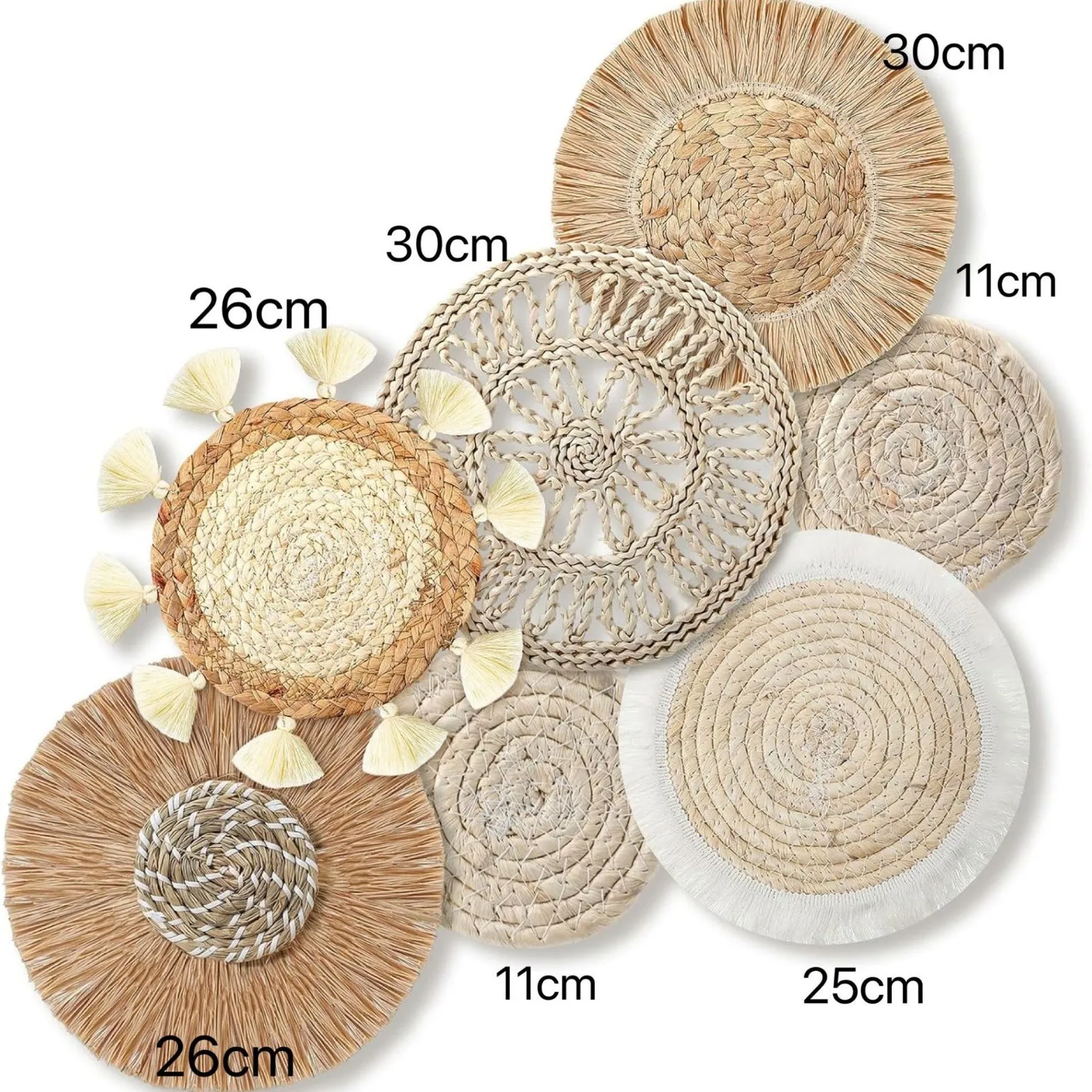 7PCS Boho Wall Baskets Seagrass Rattan Wicker Handmade Wall Art Room Decor Round Shape Hanging Wall Basket