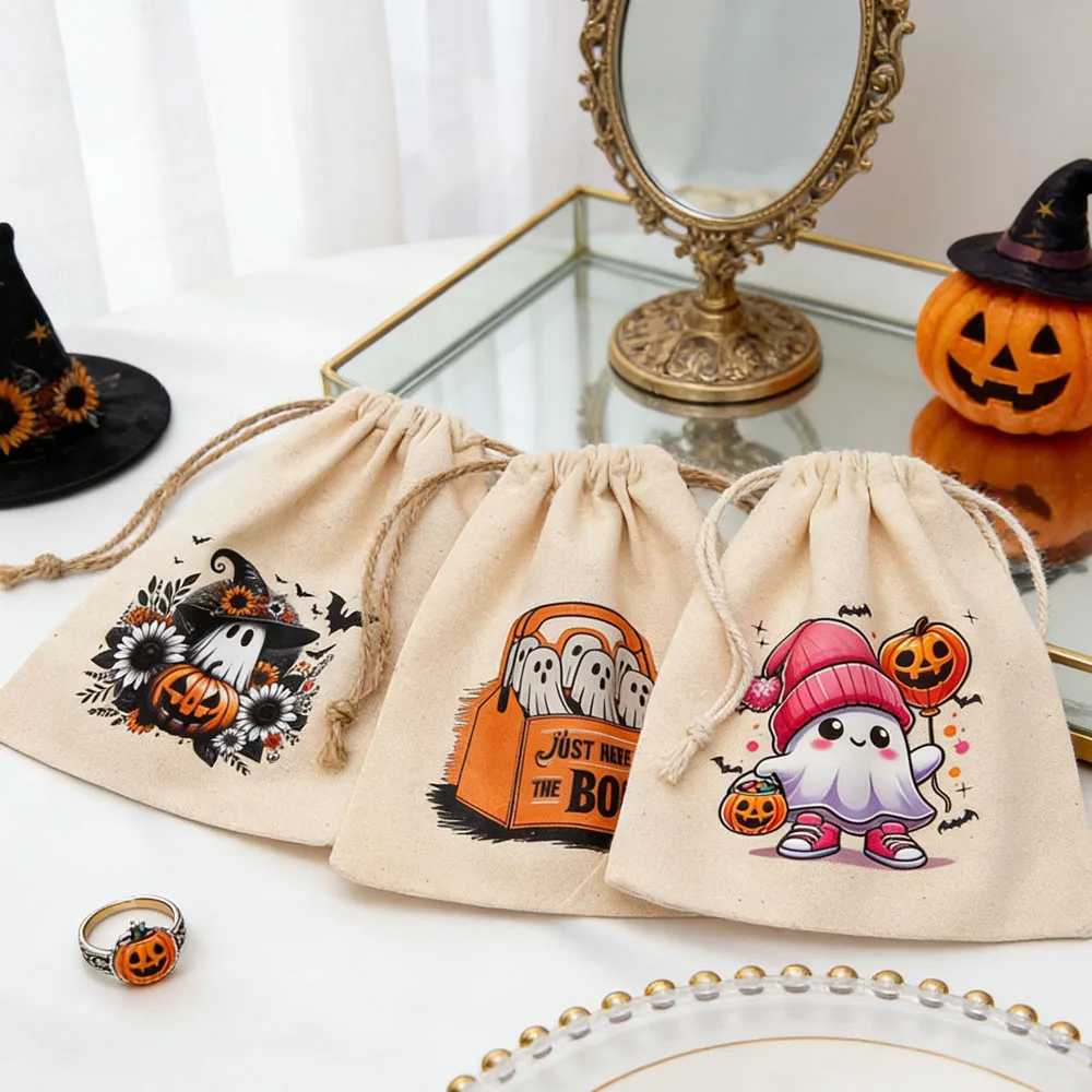 

12Pcs Halloween Cotton Jewelry Drawstring Bag Ghost Goodies Packing Party Linen Bundle Canvas Pumpkin Pocket Candy Storage Pouch