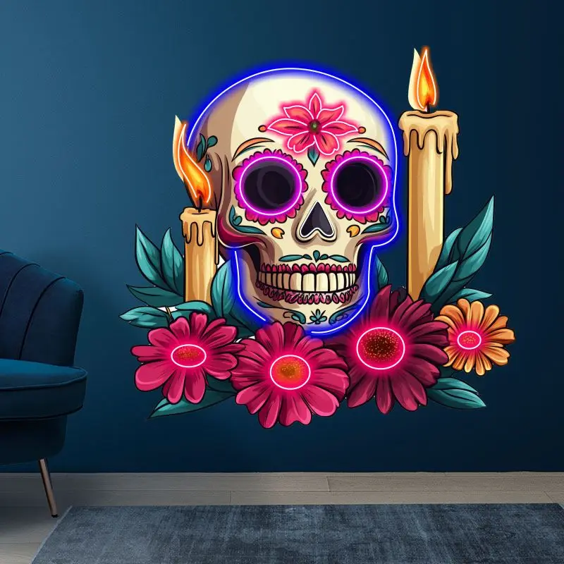 Skull In Flowers Neon Sign, Creative Wall Hanging Neon Light, Whimsical Halloween Decor