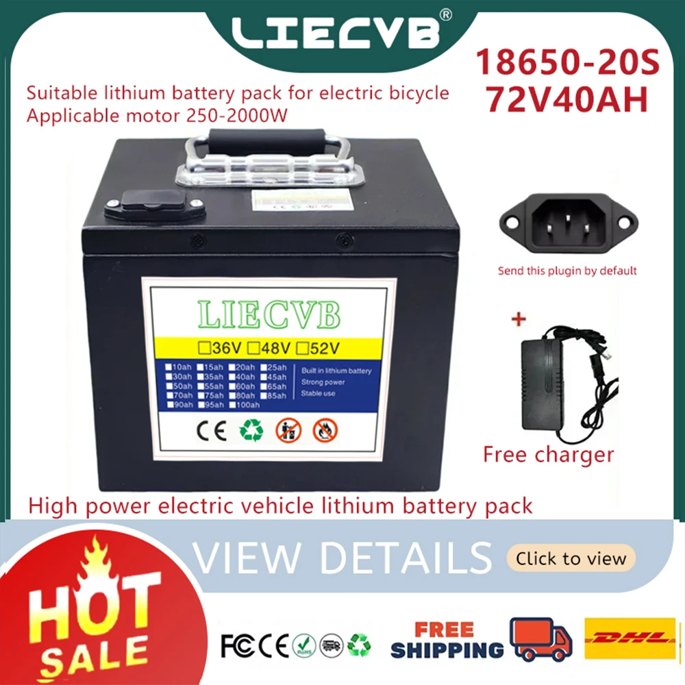 

Air express delivery,72V 20AH-40AH, 8650 lithium battery, sufficient capacity, strong power, metal shell, suitable for 250-3000W