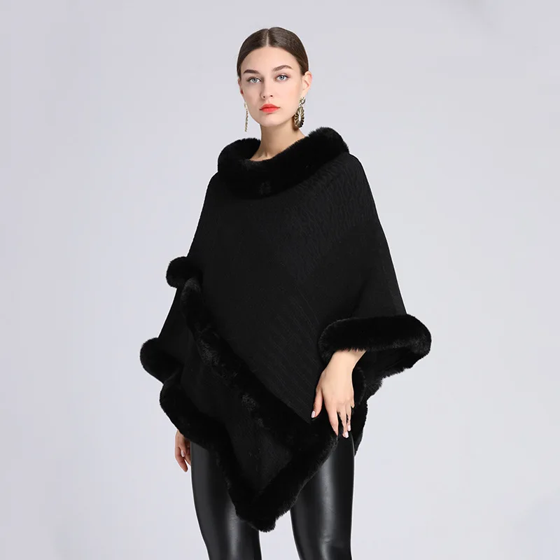 Autumn winter new imitation otter rabbit fur collar Capes Pullover Women Knit Poncho Lady Capes Beige Cloak