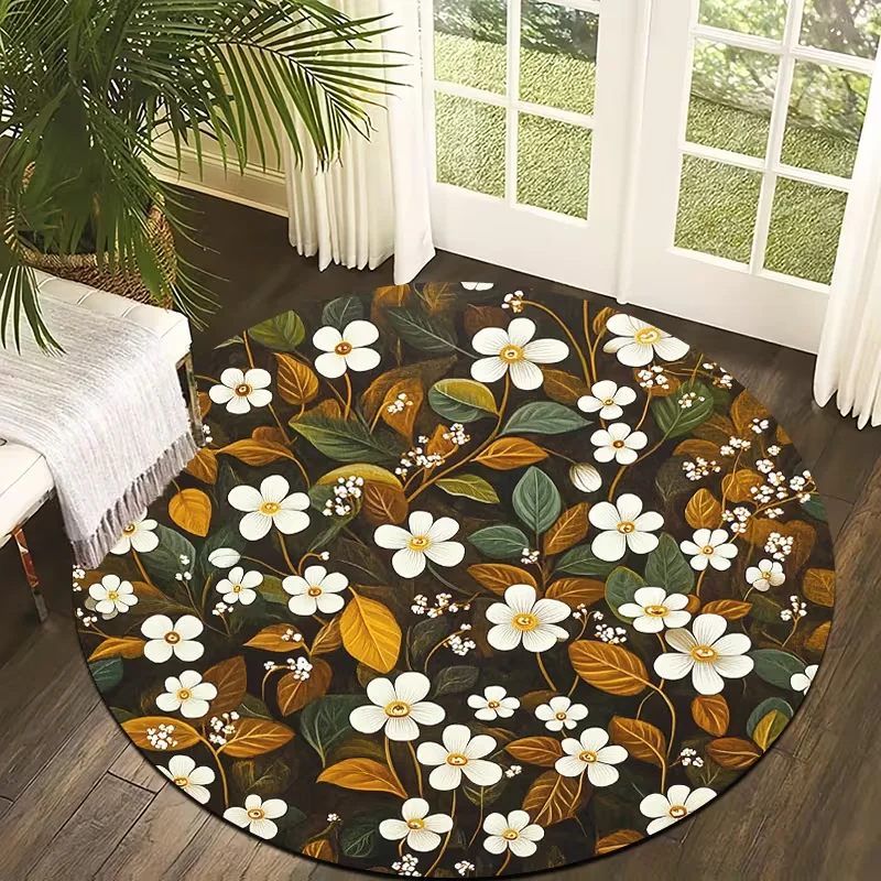 Vintage Cottagecore Wildflower Round Rug Boho Botanical Floral Carpet Soft Non-Slip Circular Mat for Living Room Bedroom