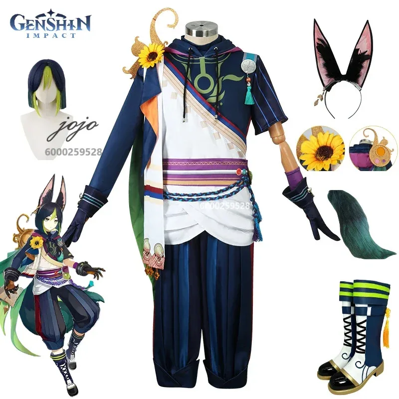 Hot Game Genshin Impact Tighnari Cosplay Costume Wig Tail Shoes Full Set Anime Clothes Role Play Halloween Party Comic Con Suits