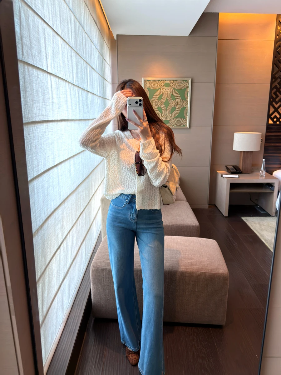 

High Waist Cotton Jeans Women's Slim Fit High Elasticity Micro Flared Long Pants Spring Summer Straight Leg Slimming Split