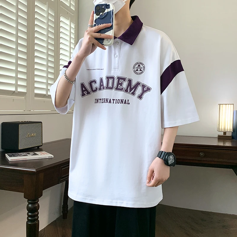 

Retro American irt Men's ort Sve Summer Trendy Brand College Sle Loose Versatile Color Blo Collar T-irt Top