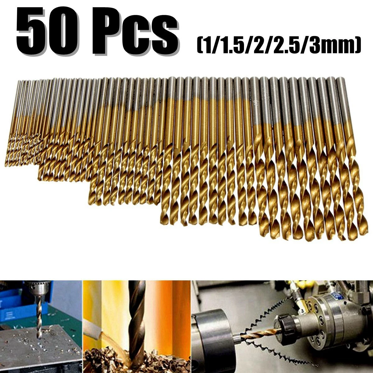 Juego de 50 Brocas Helicoidales de 1-3 mm con Recubrimiento de Titanio para Madera y Metal, para Taladro Eléctrico Manual