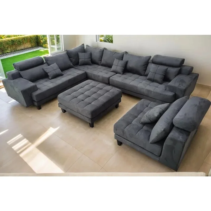 Modern Reversible Dark Grey High Back L-Shaped/U-Shaped Sofa Set with Microfiber Fabric - 5-Piece Living Room Furniture