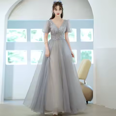 Deep V-neck Evening Dress for Women's Summer 2026 New Elegant Princess Long Dress with Temperament Host Annual Meeting Dress
