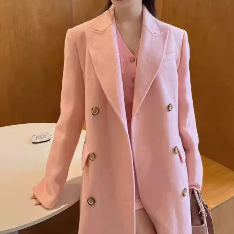 Pink high-end double-sided cashmere coat women's shoulder suit collar medium and long temperament trendy wool woolen coat