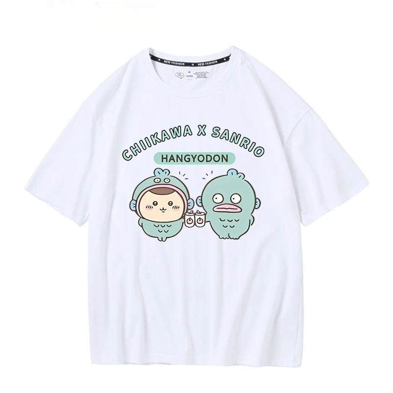 Kawaii Chiikawa Kurimanju With Blue Fish Graphic T Shirt Unisex Cotton Loose Cute Cartoon Anime Casual Tops