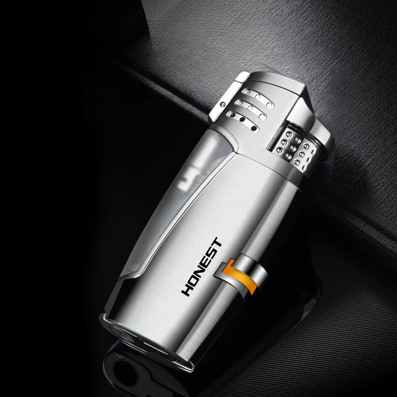 

New Metal 3 Jet Torch Inflatable Lighter Butane Gas Lighter Luxury Curved Windproof Cigar Lighter With Cigar Cutter Men Gifts