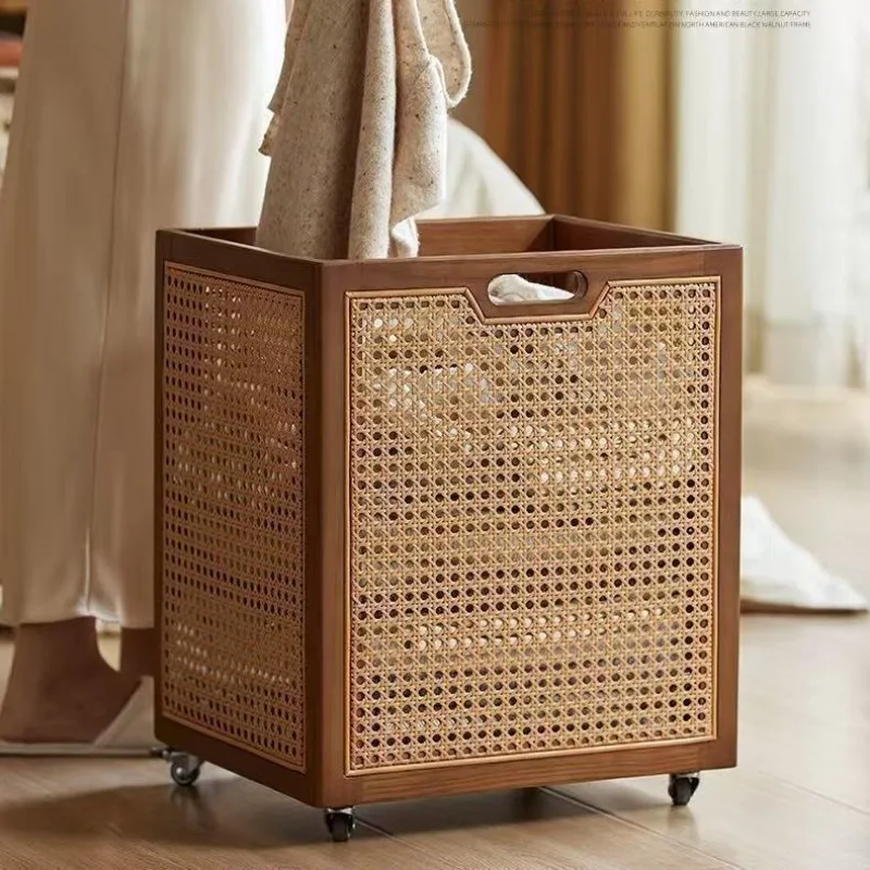 Wood Dirty Laundry Basket Lid Wheels Move Dirty Clothes Container Bathroom Woven Baskets Clothes Storage Useful Home Accessories