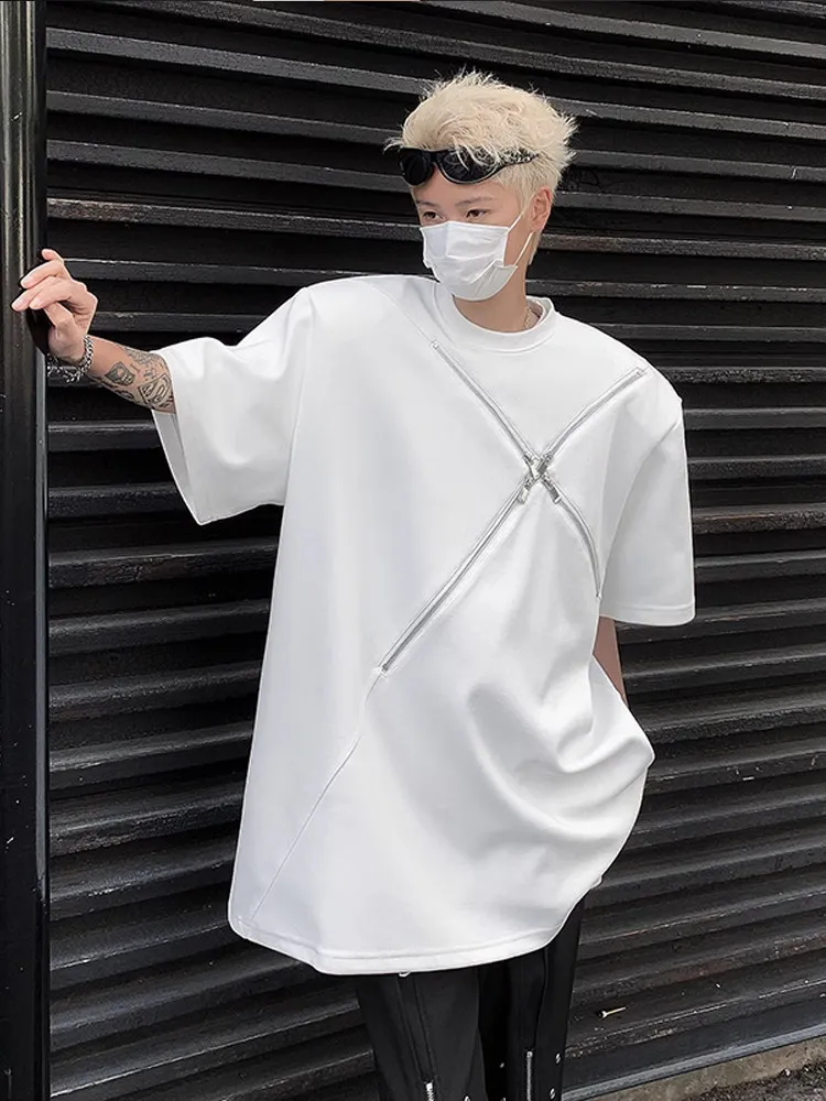 

Летняя футболка с несколькими молниями и вставками в американском стиле, модная, в стиле High Street, простая мужская футболка, повседневная, свободного кроя, с подплечниками, с коротким рукавом