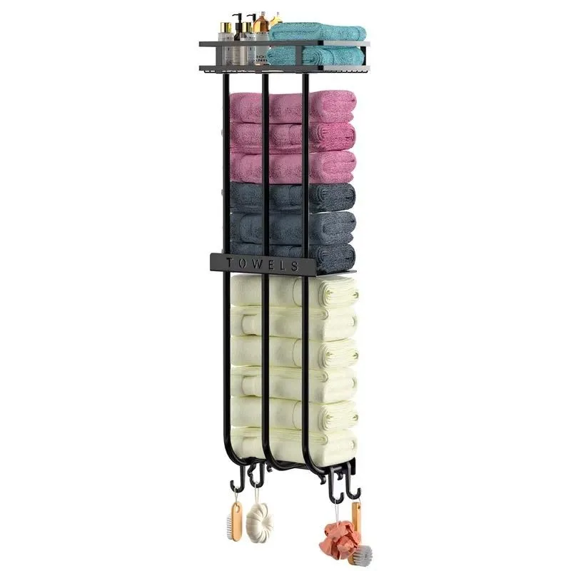Wall Mounted Metal Towel Rack with Wooden Shelf and 4 Hooks Bathroom Storage Organizer for Hand Towels Space Saving