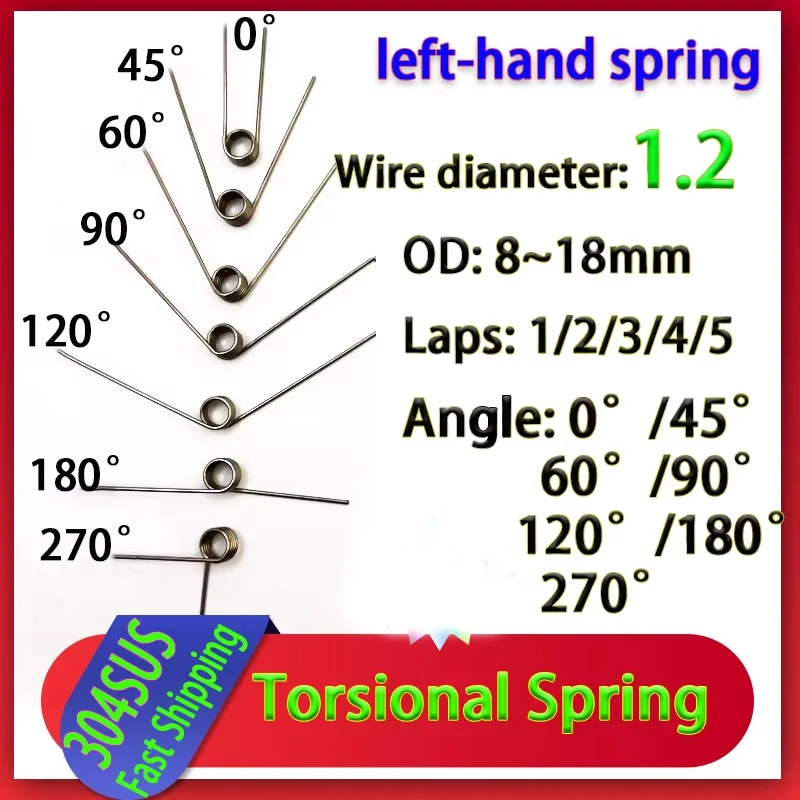 10Pcs Wire diameter 1.2 Left rotation torsion spring 304 stainless steel torsion spring number of turns 1/2/3/4/5 turns