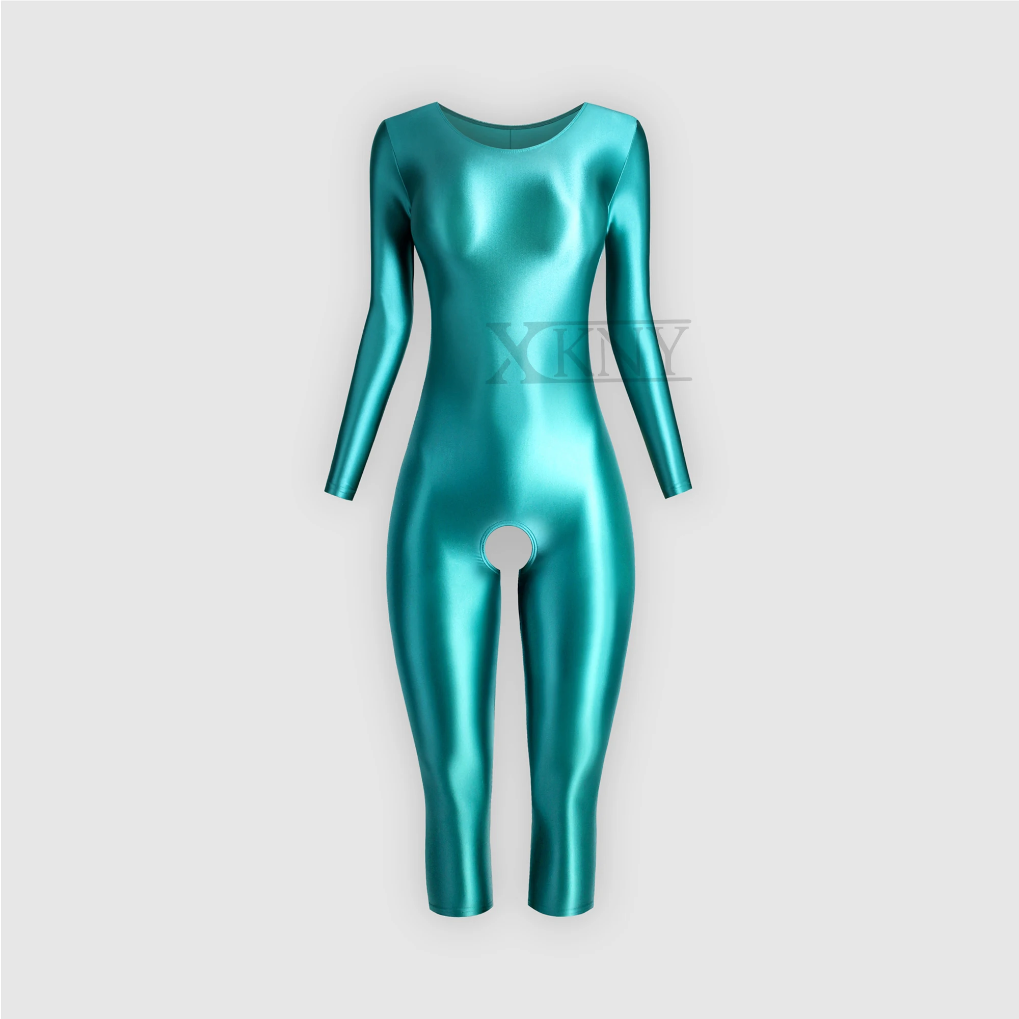 XCKNY satin glossy tights oily silky round neck suit Yoga Leotards long sleeved 7-point length open pants tights unisex swimsuit