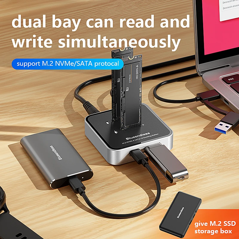 محطة إرساء SSD لبروتوكول Blueendless Dual-Bay M.2 NVMe / SATA بسرعة 10 جيجابت في الثانية مع محور USB C