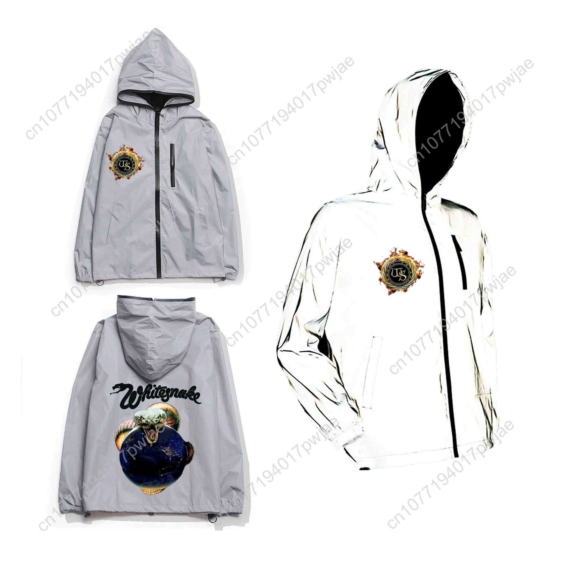 Whitesnake Rock Band Reflective Jacket Mens Womens Coat Hooded Windbreaker Run Pocket Jackets Hiking Zipper Customized Hoodie