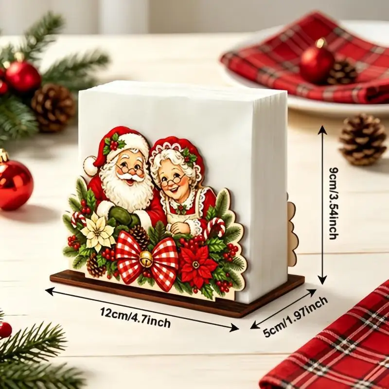 1Pc Xmas Wooden Napkin Holder Christmas Table Decor Santa Couple Print Tissue Holder For Dining Room Holiday Party Home Decor