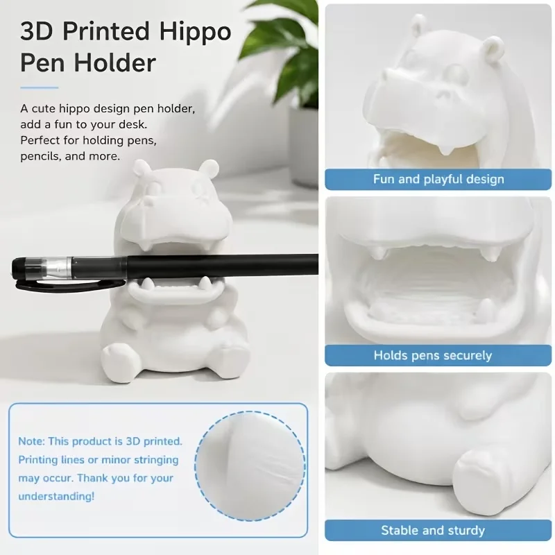 3D Printed Plastic Hippopotamus Pen Holder,3D‑Textured Cute Hippo Figurine Stationery Rack,Creative Animal‑Shaped Desk Organizer