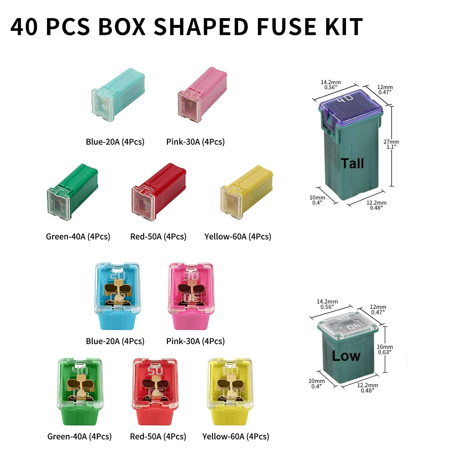 Automotive cartridge JCase fuse High low box fuse, 20A 30A 40A 50A 60A square fuse hybrid kit, suitable for automobiles and SUVs