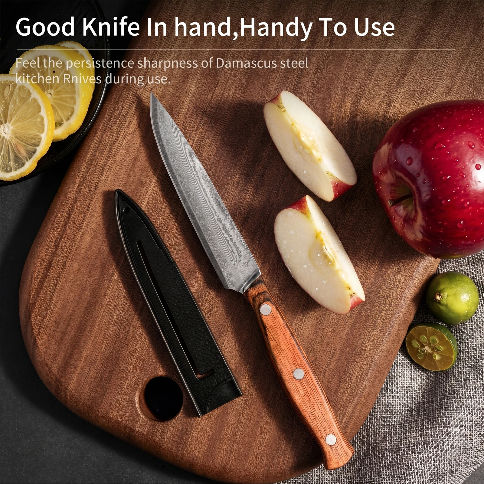 Damascus pattern straight knife, 10Cr stainless steel kitchen knife, kitchen sharp slicing knife with wooden handle and sheath