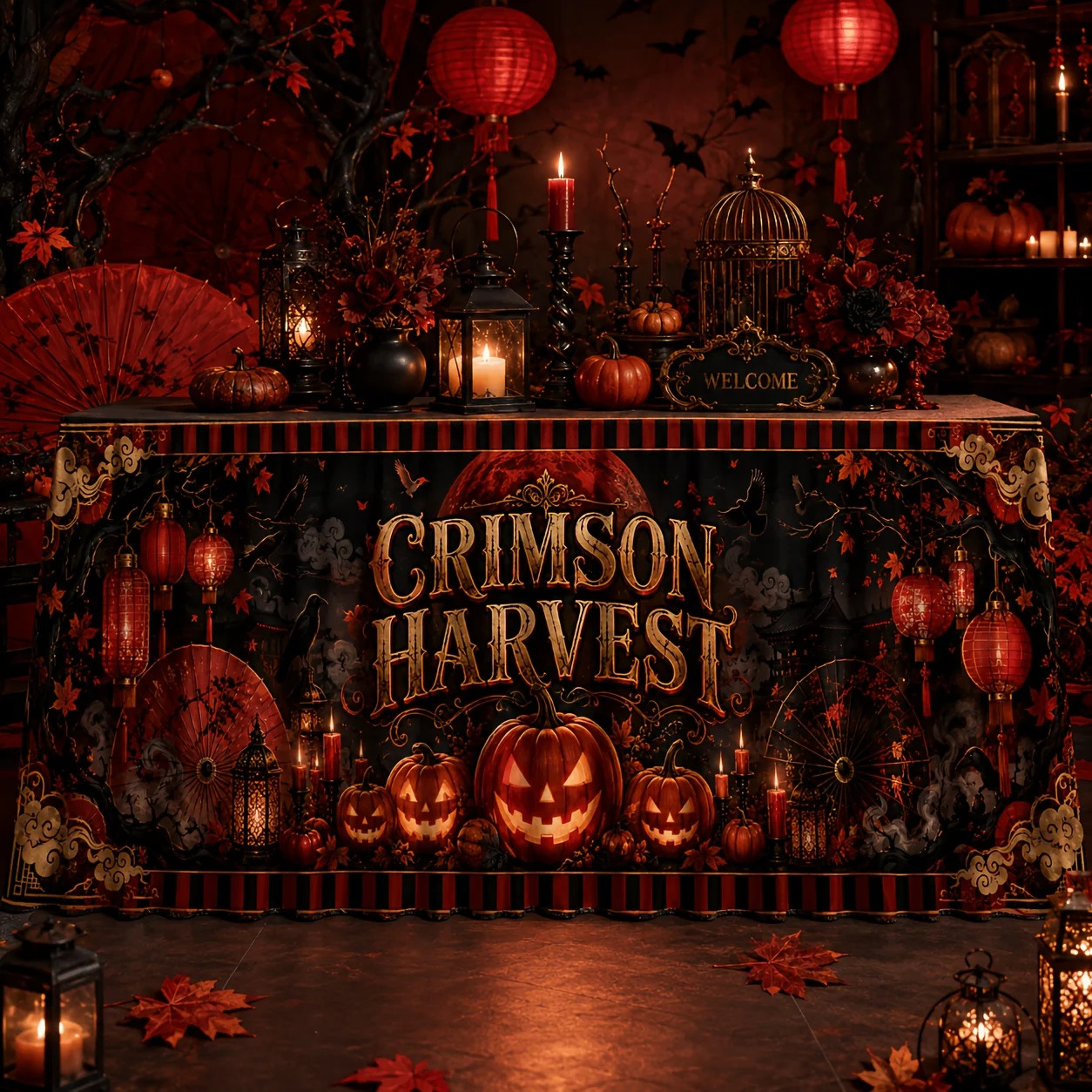 Send a tablecloth 1 piece. Red harvest print tablecloth. Red lantern. Pumpkin. Black bird. Candle. Maple leaf.zyc