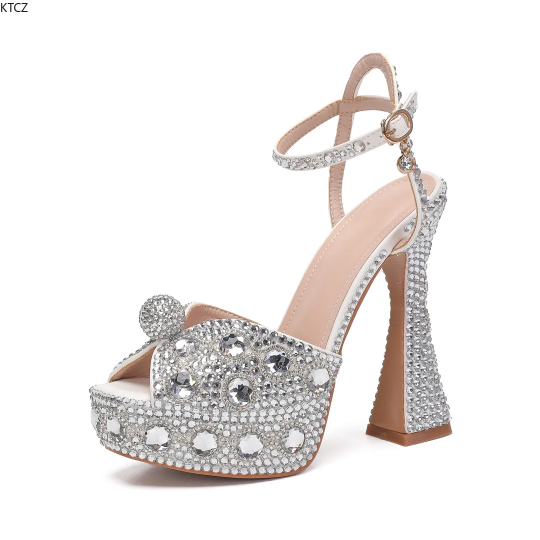 2026 New Fish Mouth High Heels Thick Heels 14cm Rhinestone Pearl Women's Single Sandals Dress Bridal Wedding Shoes