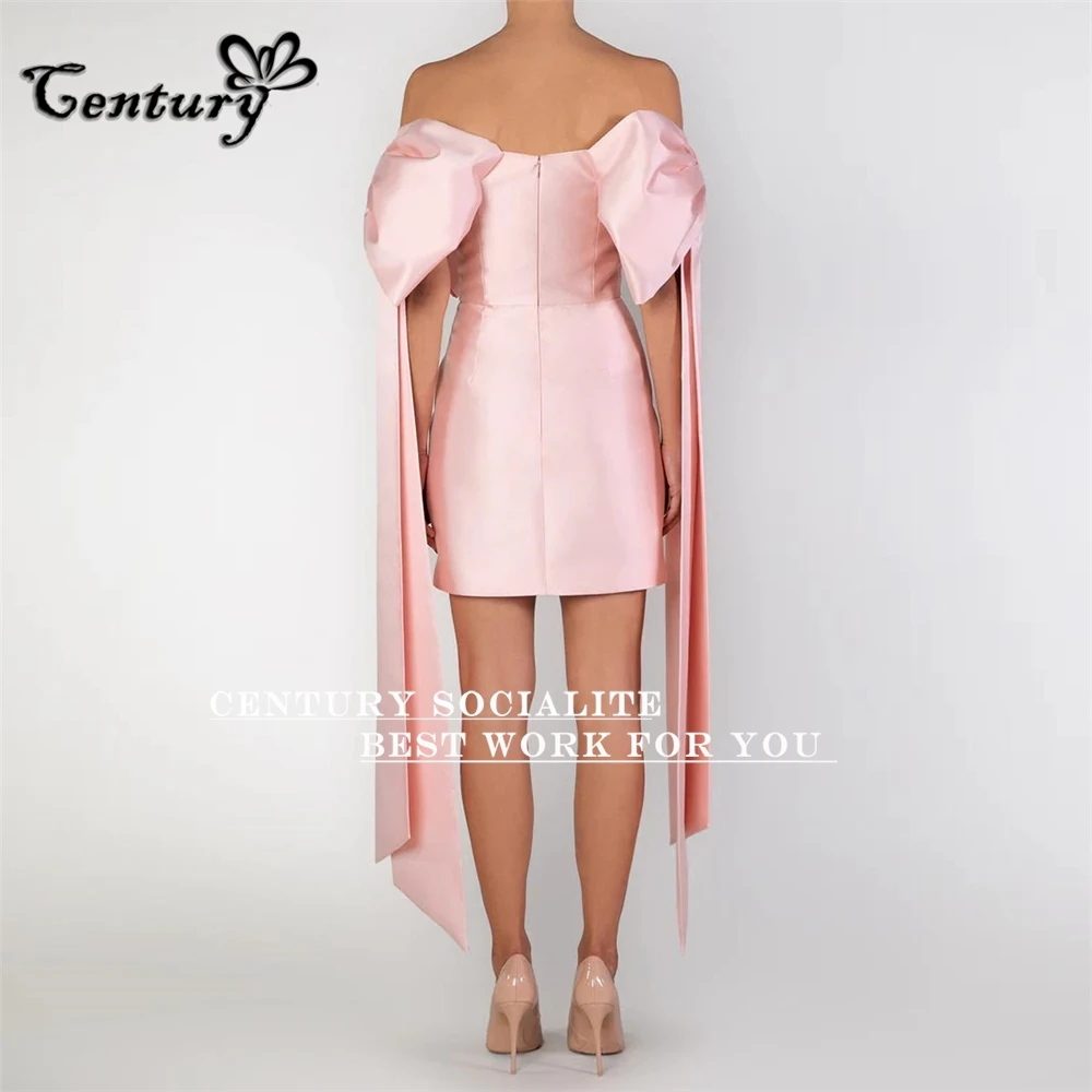 Vestido de fiesta árabe saudí rosa, lazo grande corto con hombros descubiertos por encima de la rodilla, Mini vestidos de fiesta de noche de Dubái,