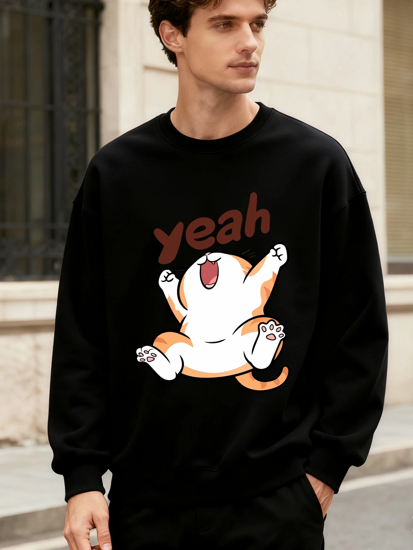 

Мужская толстовка Yeah Happy с рисунком кота, осенний мягкий пуловер, универсальная одежда с круглым вырезом, уличная одежда для бега большого размера