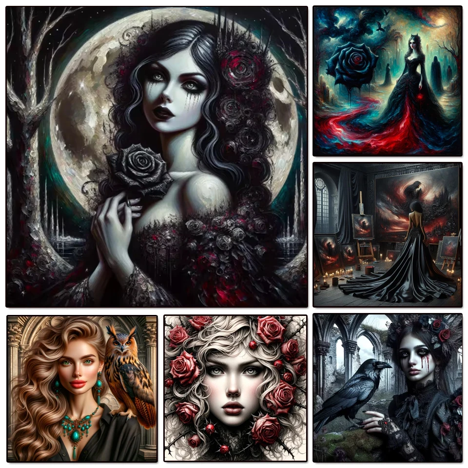 

Наборы для алмазной вышивки для взрослых, полная выкладка квадратными и круглыми стразами, алмазная мозаика, роза, готическая женщина, сова, DIY вышивка