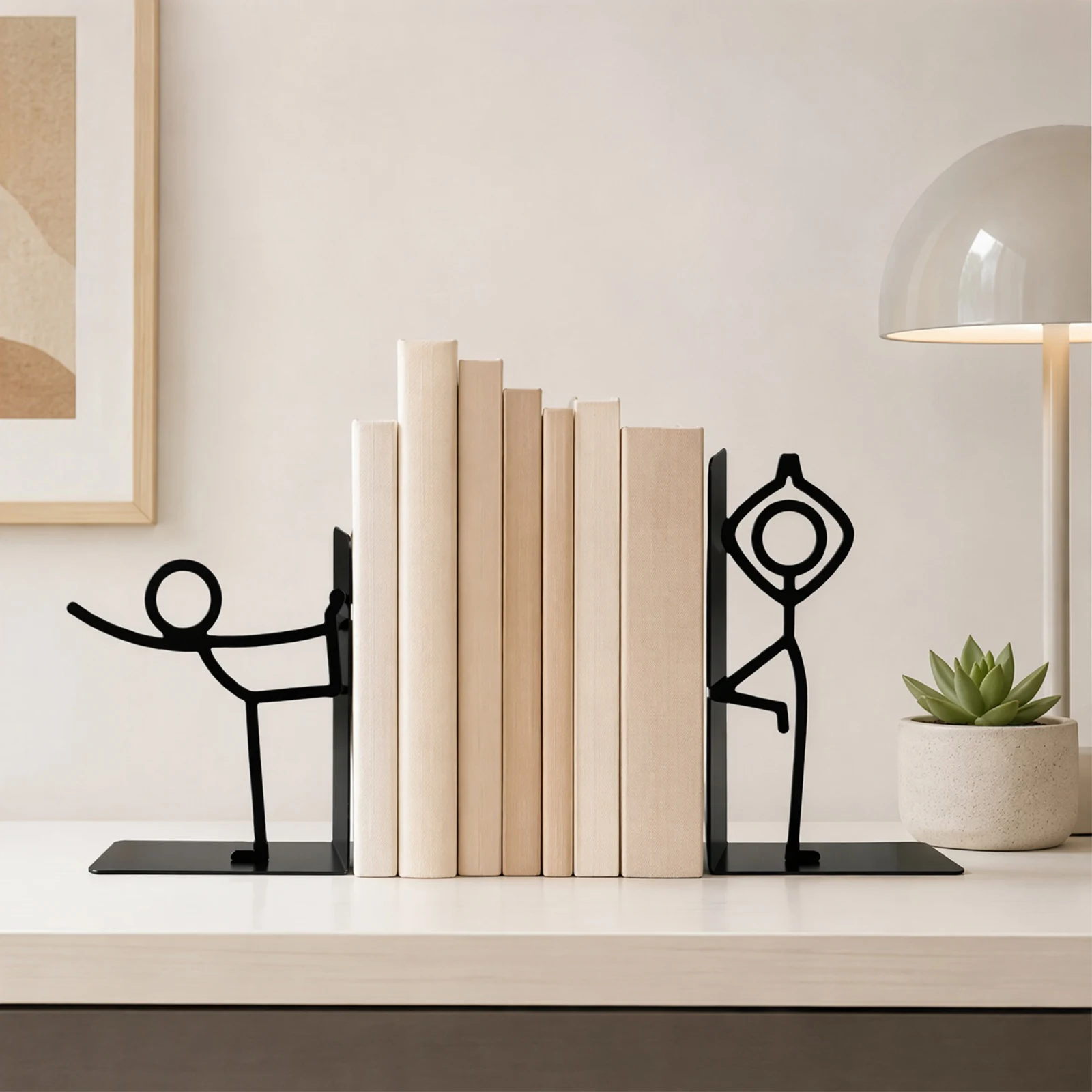 Decorative Metal Stickman Bookends 2 Piece Reading Figure T-Base Book Stand Holder Anti-Rust Shelf Decor