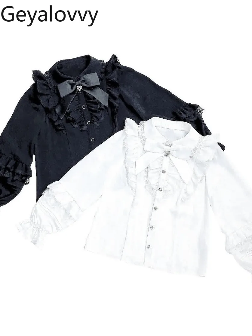 

Рубашка в японском стиле с кружевными оборками и длинными рукавами, серия 2026, новинка, однотонная, с бантом в форме сердца, для милых девушек