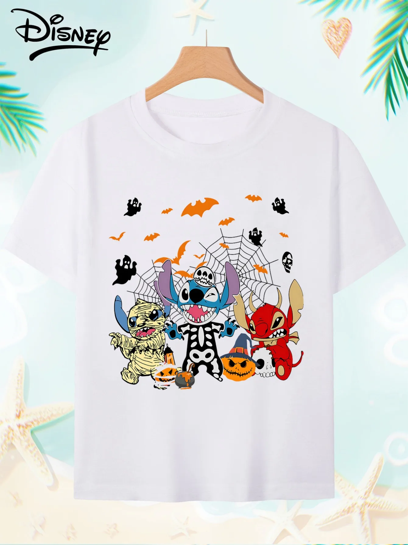 تي شيرت ديزني ستيتش الهالوين المطبوع للفتيات Happy Play توب مناسب للأم والابنة من القطن الخالص برقبة دائرية وأكمام قصيرة #4