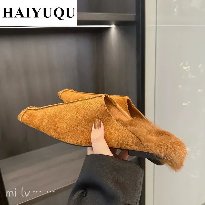 Luxury Furry Women Slippers Designer Mules Shoes Winter Suede Fur Slides 2025 Trend Square Toe Low Heels Plush Snow Botas Mujer