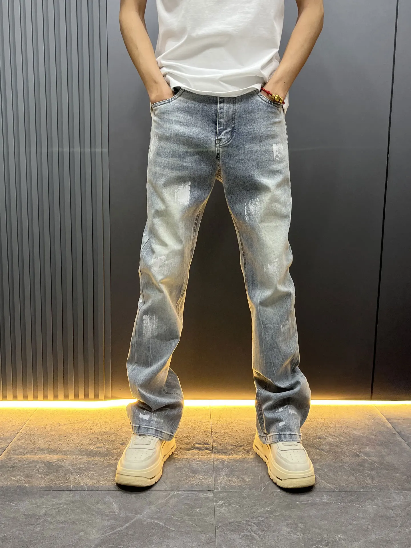 

Spring Fashion Men's Slim Fit Straight Leg Denim Jeans High Waist American High Street Letter Print Wide Leg Pants